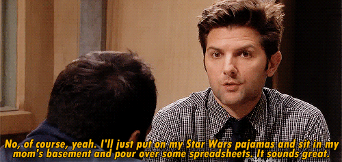 GIF from Parks and Rec. 'I'll just sit in my basement and pour over some spreadsheets'